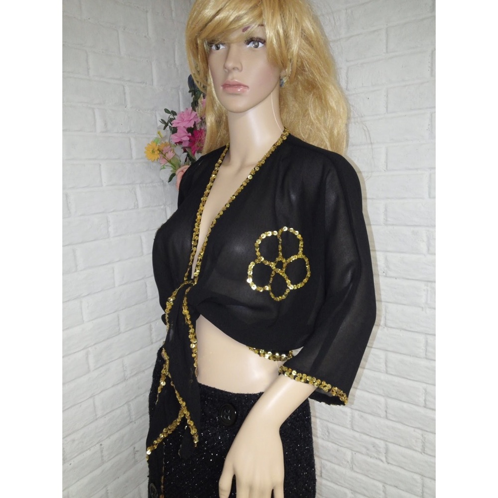 Vintage 70's Sheer Sequin Trim Tie Front Blouse